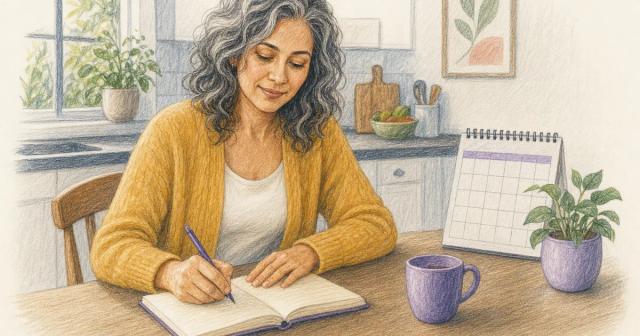 Woman writing in a notebook next to a wall calendar at a kitchen table