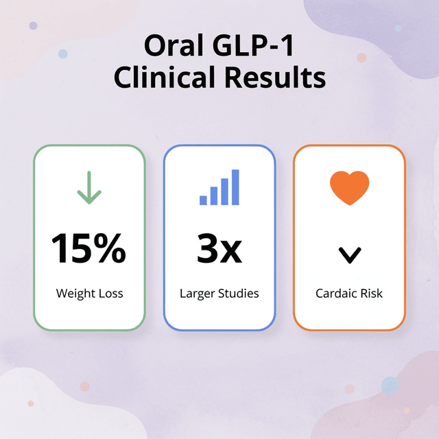 Infographic showing three key clinical trial metrics for oral GLP-1 medications