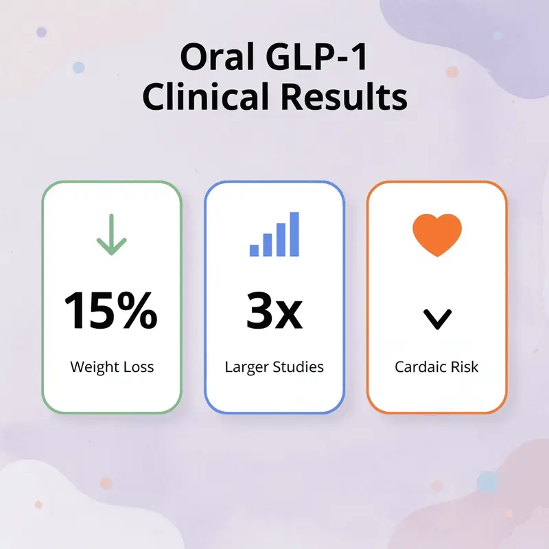 Infographic showing three key clinical trial metrics for oral GLP-1 medications