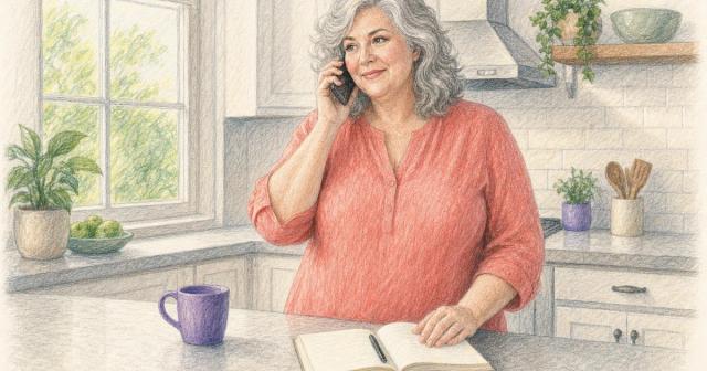 Person standing at a kitchen counter talking on the phone beside an open notebook