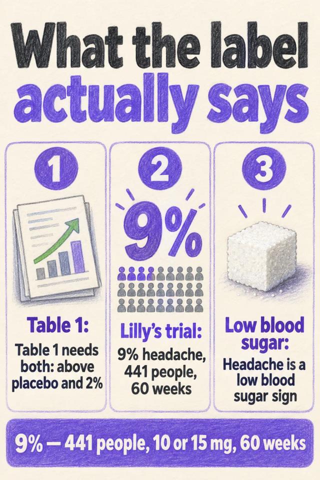 Three rows comparing what Table 1 omits, Lilly's 9% figure, and headache as a low blood sugar sign.