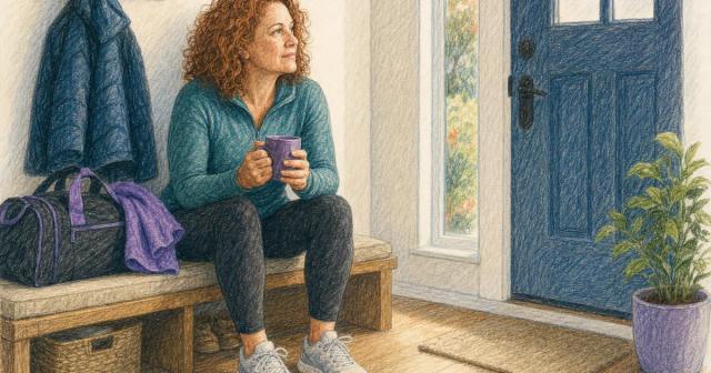 Person sitting on an entryway bench with a packed gym bag, holding a mug and looking out the window