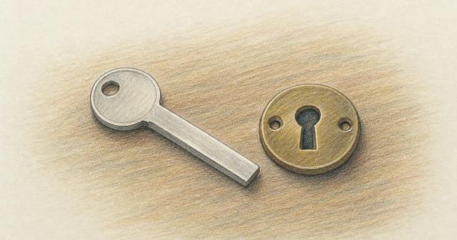 Uncut blank key lying next to a small brass lock plate on a workbench