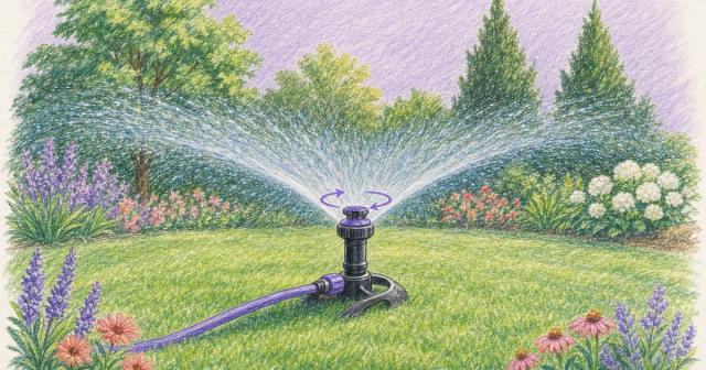 Rotating garden sprinkler watering an entire lawn evenly from one spot