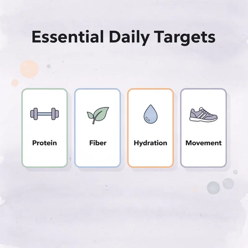 Four cards showing essential daily targets: protein, fiber, hydration, and movement