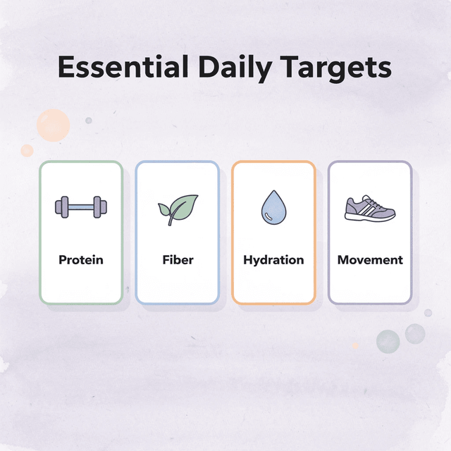 Four cards showing essential daily targets: protein, fiber, hydration, and movement