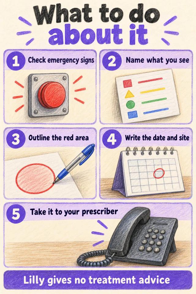 Five ordered steps for a red itchy injection site, ending with taking it to your prescriber.