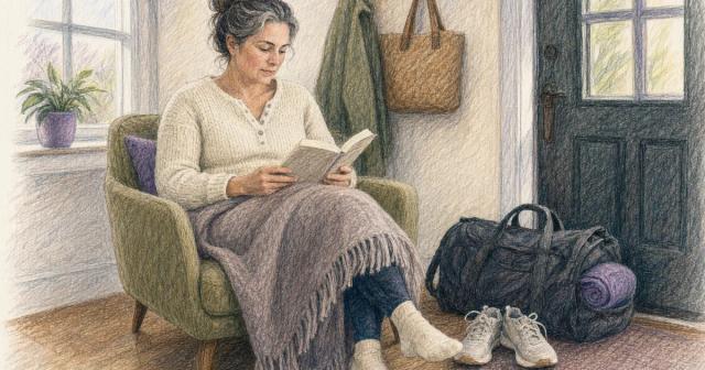 Person reading under a blanket in an entryway armchair beside a packed gym bag and shoes