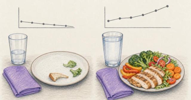 Two daily setups compared: low water and sparse plate versus full water and protein