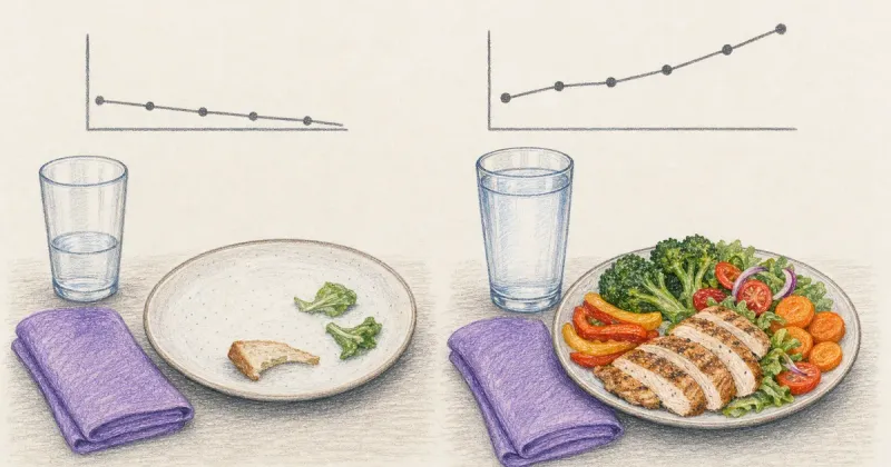 Two daily setups compared: low water and sparse plate versus full water and protein
