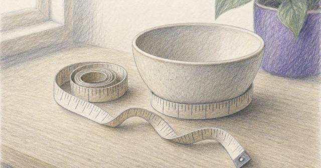 Coiled cloth measuring tape looped around the base of a plain empty ceramic bowl on a wooden counter
