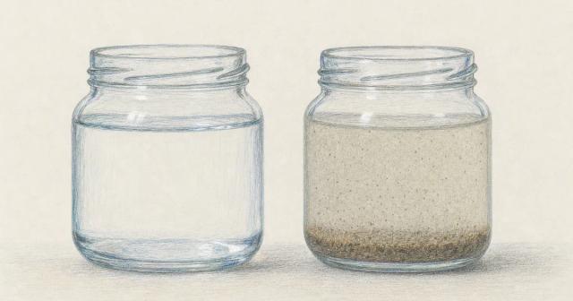 Two glass jars side by side, one holding clear liquid and one cloudy with sediment