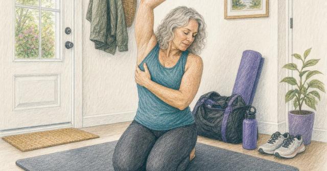 Person kneeling on a mat mid-stretch in a home entryway beside a packed gym bag and shoes