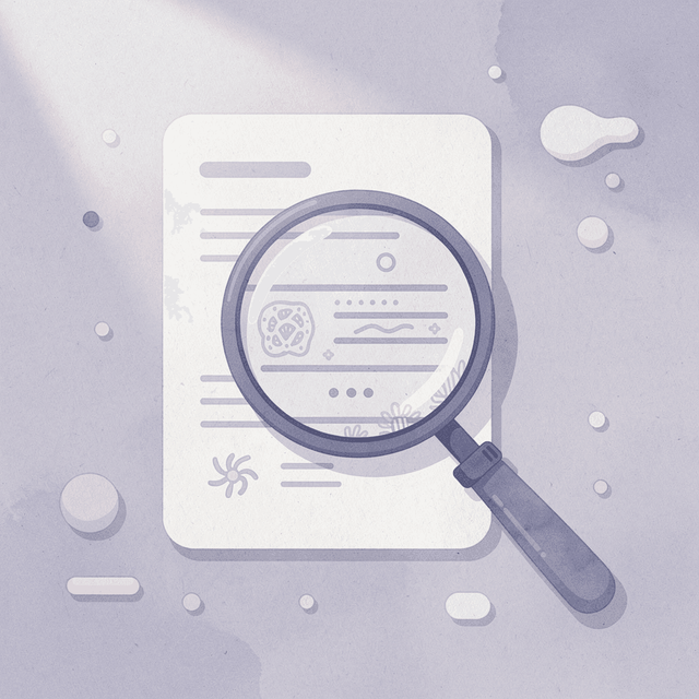 Magnifying glass examining medication vial representing safety inspection