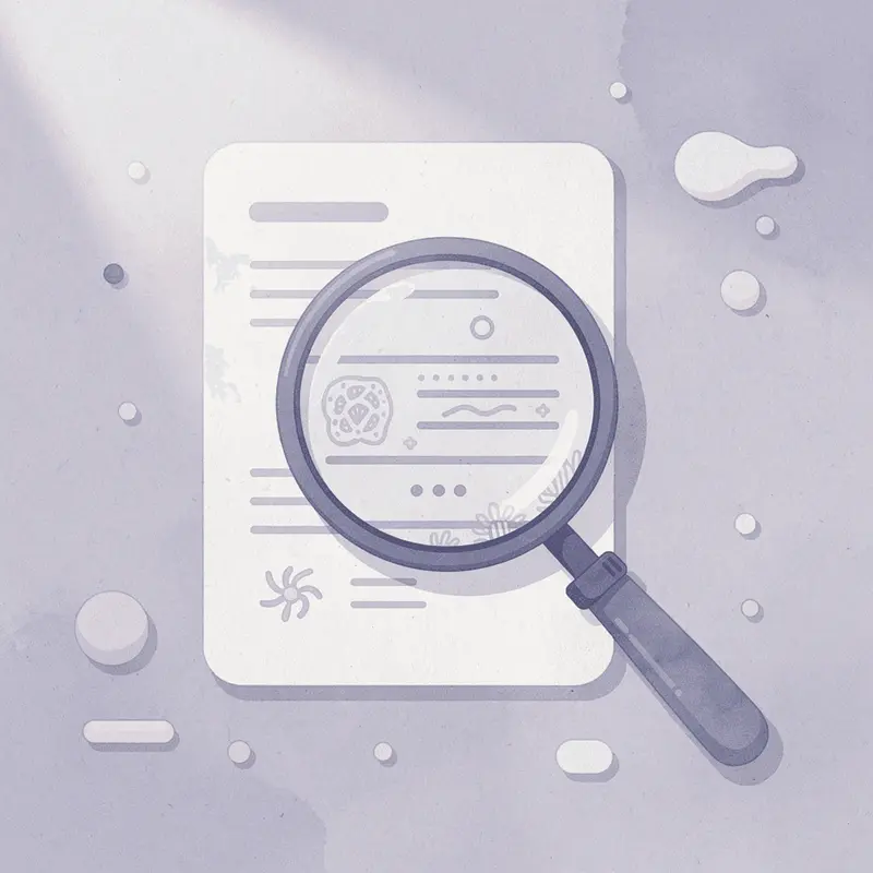 Magnifying glass examining medication vial representing safety inspection