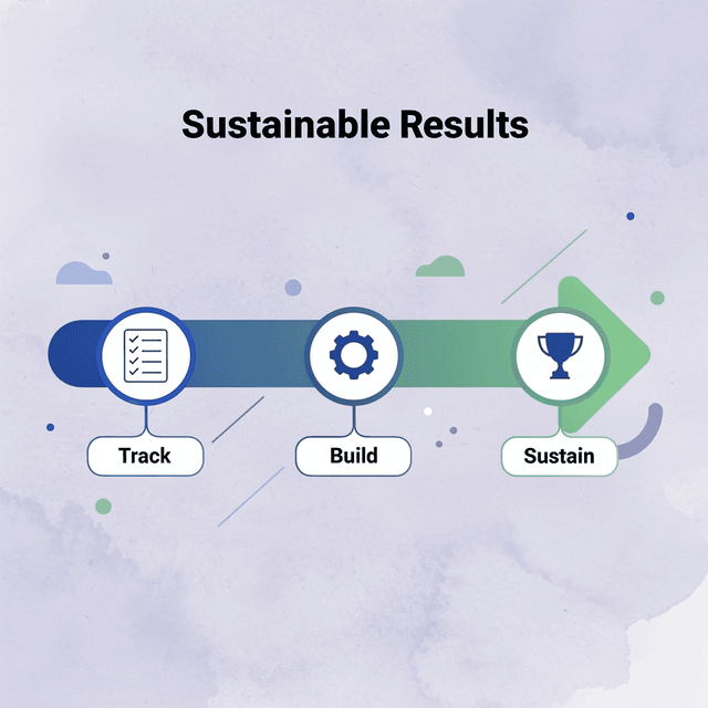 Three-step progression showing track, build, and sustain for long-term success
