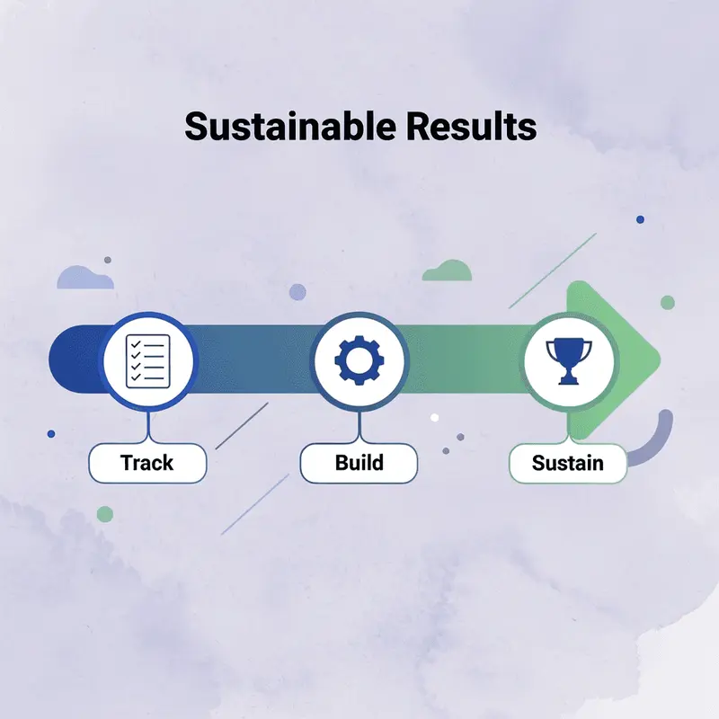 Three-step progression showing track, build, and sustain for long-term success