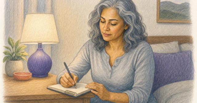 Woman writing in a pad at a bedroom nightstand by lamplight
