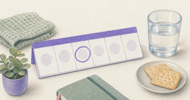 A week calendar with one day circled beside a water glass and crackers.