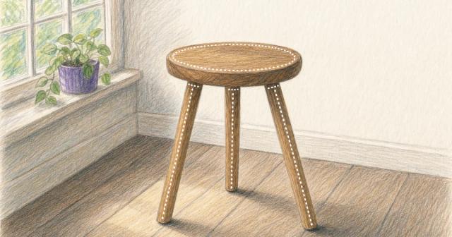 A wooden three-legged stool with soft dotted lines tracing each leg up to the seat