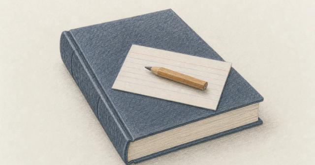 A blank index card and pencil stub resting on a closed hardcover book