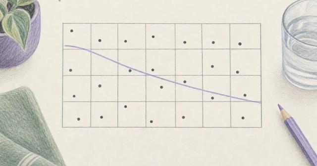 Calendar grid of scattered daily dots with one smooth curve drifting gently downward