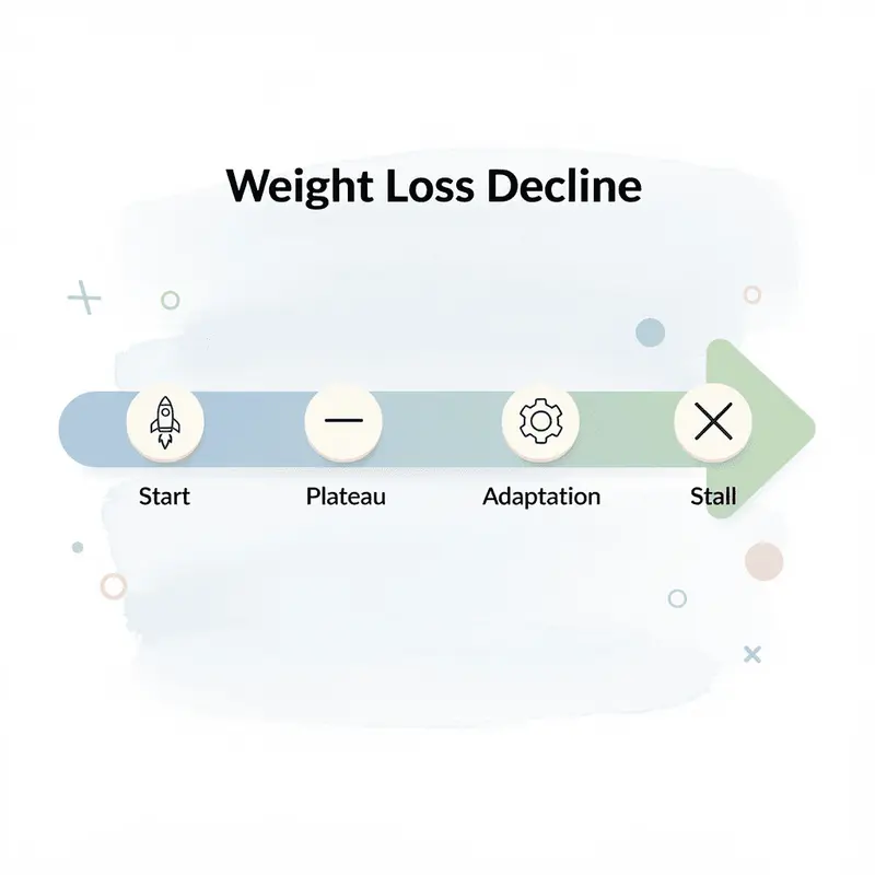 Timeline showing weight loss decline from start to plateau, adaptation, and stall