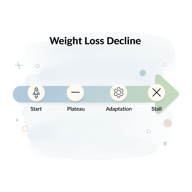 Timeline showing weight loss decline from start to plateau, adaptation, and stall