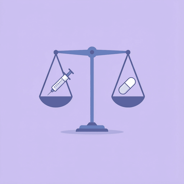 Balance scale comparing weekly injection on one side versus daily pill on the other side