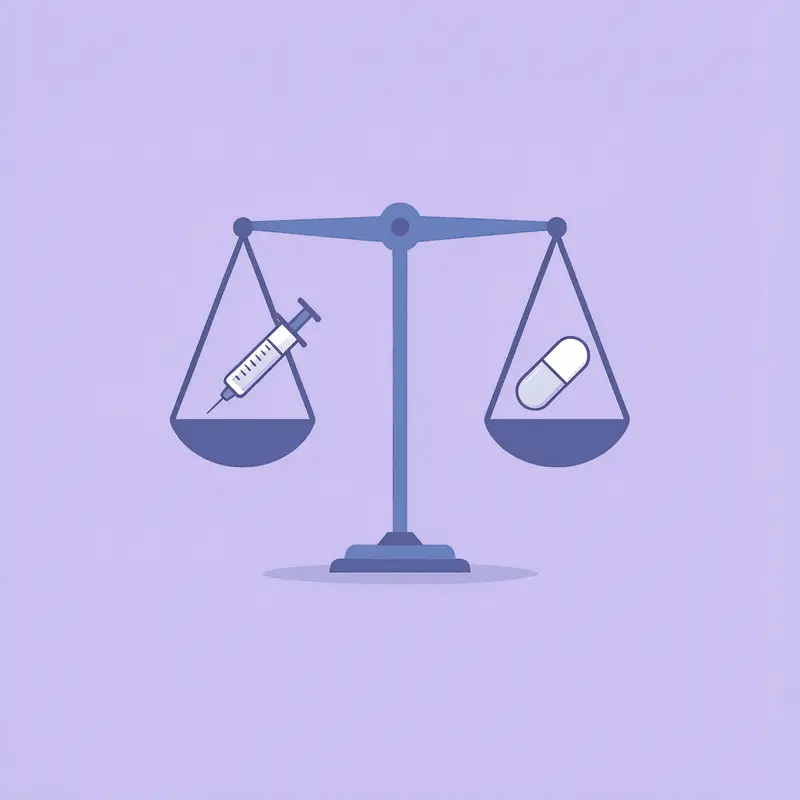 Balance scale comparing weekly injection on one side versus daily pill on the other side
