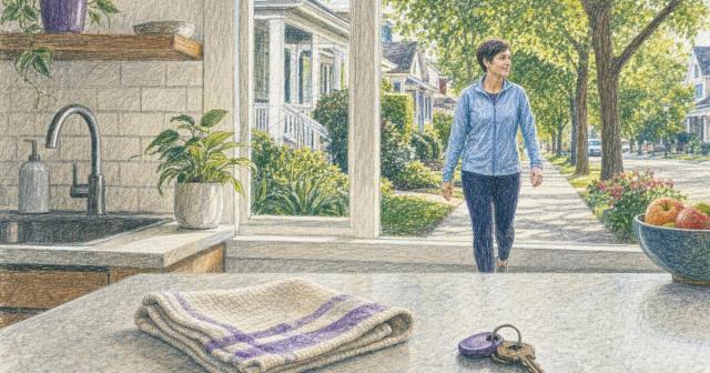 View through a kitchen window of a woman mid-stride on a tree-lined neighborhood sidewalk