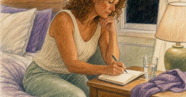 A person sitting on a bed writing in a notebook on a lamplit nightstand at night
