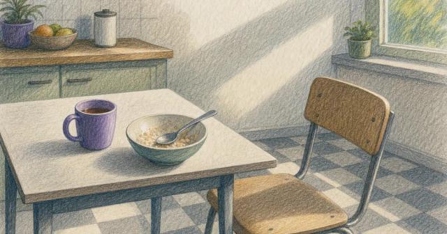 Empty chair at a kitchen table with a half-eaten bowl of oatmeal and fading morning light
