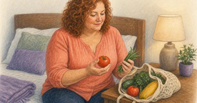 Woman on a bed sorting market produce on her nightstand in soft evening light