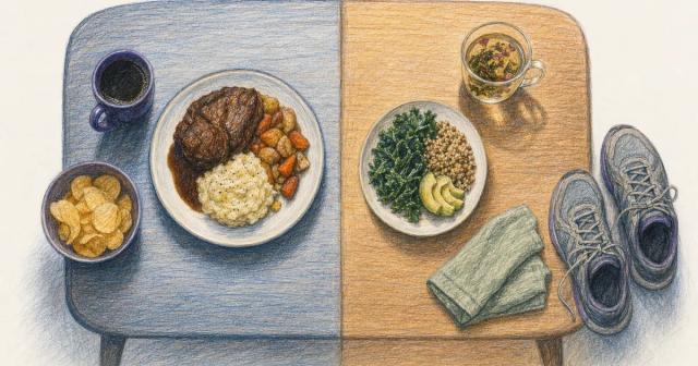 Overhead table split in two: heavy late meal and coffee in cold light beside a light meal and herbal tea in warm light