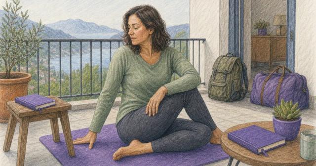Person pausing during a balcony stretch while looking uncertainly at two closed notebooks.