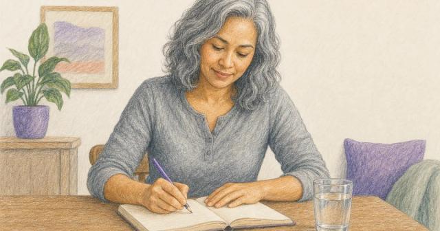 A woman seated at a table writing a note in an open notebook.