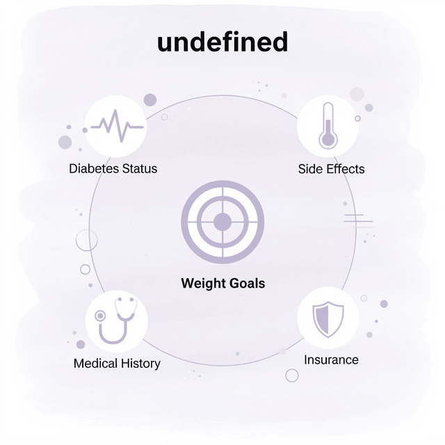 Infographic showing the key personal factors that influence GLP-1 medication choice for menopause weight gain