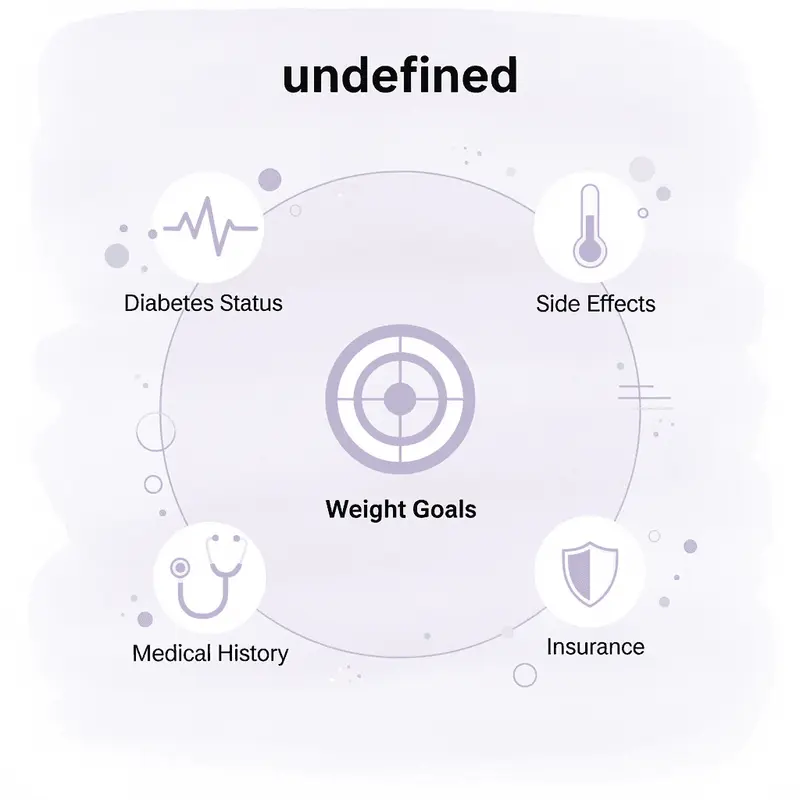 Infographic showing the key personal factors that influence GLP-1 medication choice for menopause weight gain