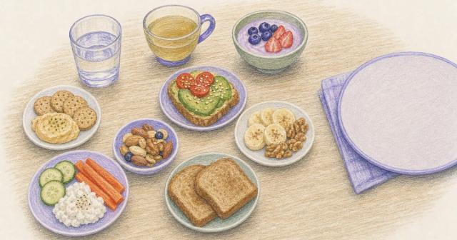 Small plates of bland food, water, and ginger tea beside a large plate set aside.