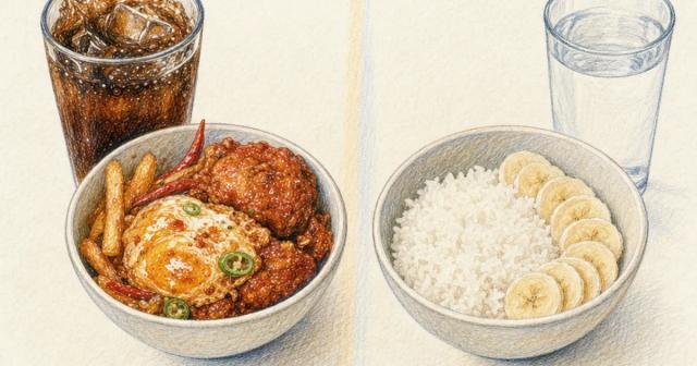 Bowl of greasy fried food and soda beside a bowl of plain rice, banana and water