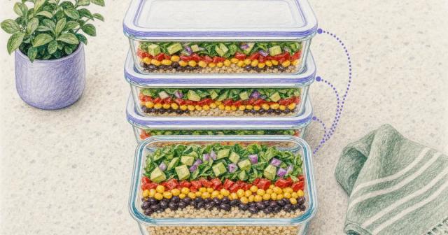 Stack of identical prepped glass containers on a counter with soft dotted marker lines