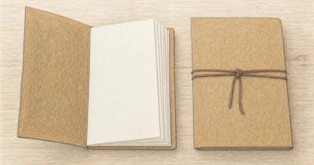 An open folder of blank pages beside a closed folder tied shut with cord on a desk