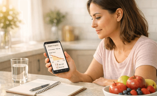 Woman tracking her weight loss progress - Best App for Tracking Semaglutide Results