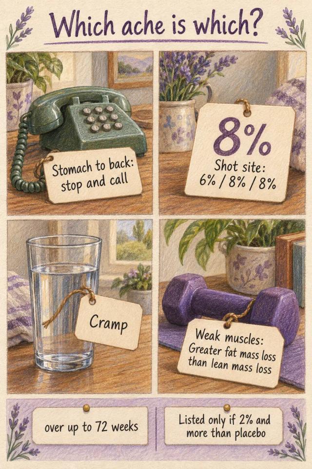 Four aches sorted: belly pain that means stop and call, shot-site soreness, cramps and weak muscles.