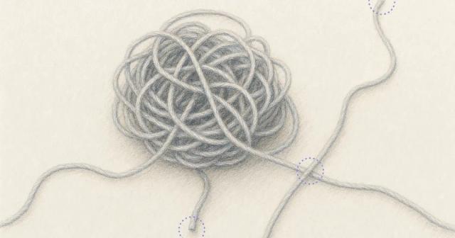 Tangled ball of pale grey thread with a few strands pulling free and others ending inside the knot
