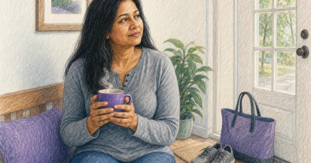 Woman by a window cradling a warm mug, shoes waiting by the door