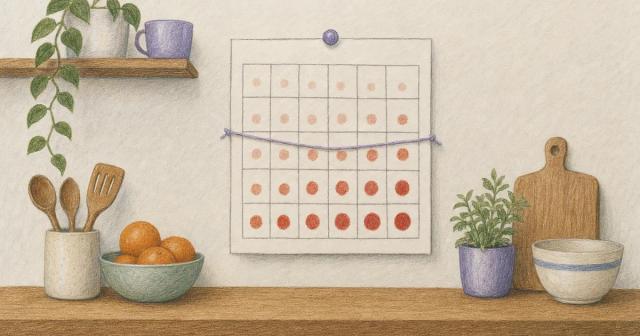 Paper calendar grid on a wall with soft painted dots deepening across the weeks
