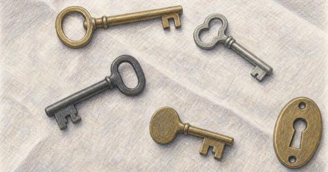 Four differently cut keys scattered on pale linen beside a small plain lock plate