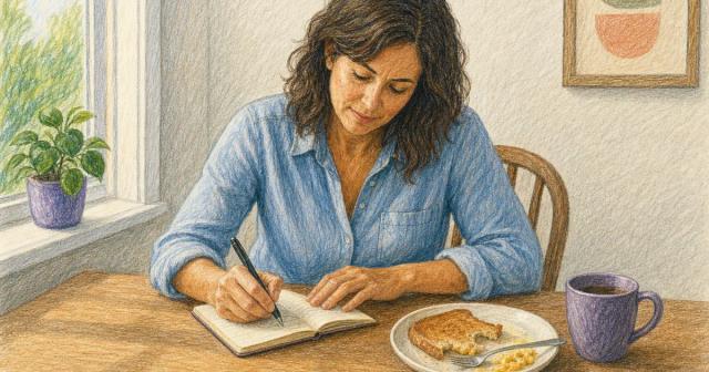 A person writing in a notebook beside a half-eaten breakfast at a sunlit table